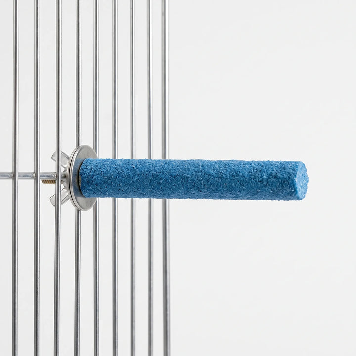 Blue gritty perch mounted horizontally on silver cage bars with a metal washer and wing nut, shown against a plain white background. 1