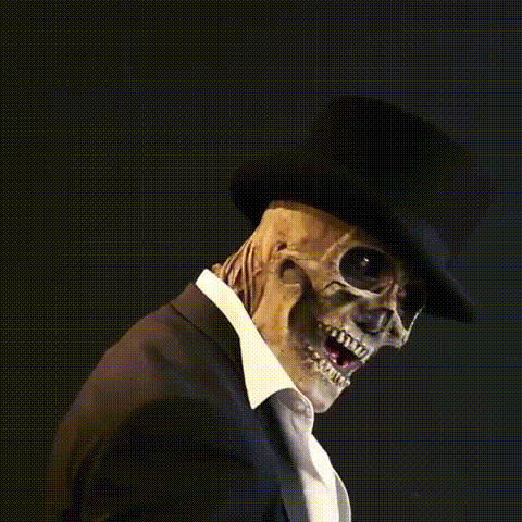 Skeleton Halloween Mask with Brains another view on a model with a black top hat and dark jacket.