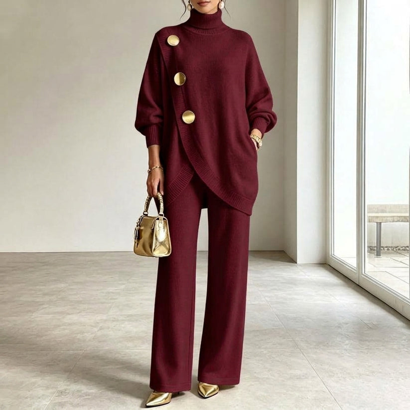 Burgundy version of the set on a model, showing the turtleneck top with gold buttons and matching wide-leg pants. 6
