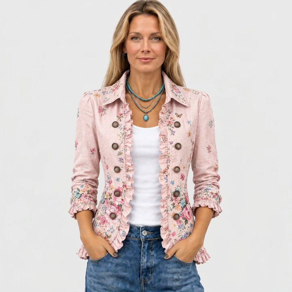 Front view of a model wearing the pink floral jacket open with jeans and a turquoise necklace 2
