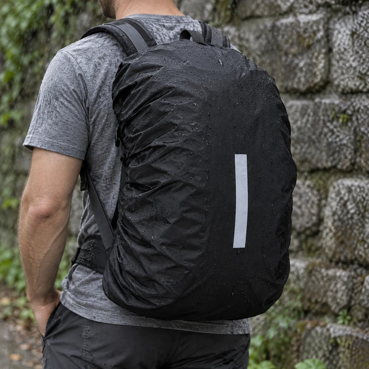 Man in a gray T-shirt seen from behind wearing a backpack with a black rain cover beaded with water droplets beside a stone wall. 1