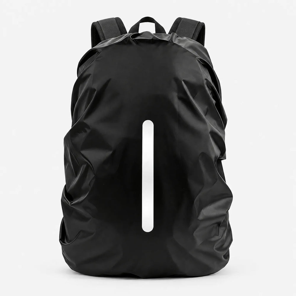 Black backpack with the cover pulled on, shown from the front against a plain white background, with a vertical reflective strip. 2