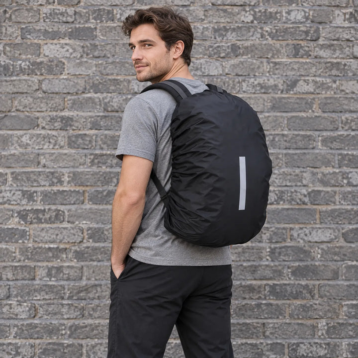 Smiling man glancing over his shoulder in front of a brick wall, carrying a backpack fitted with the black cover and reflective strip. 3