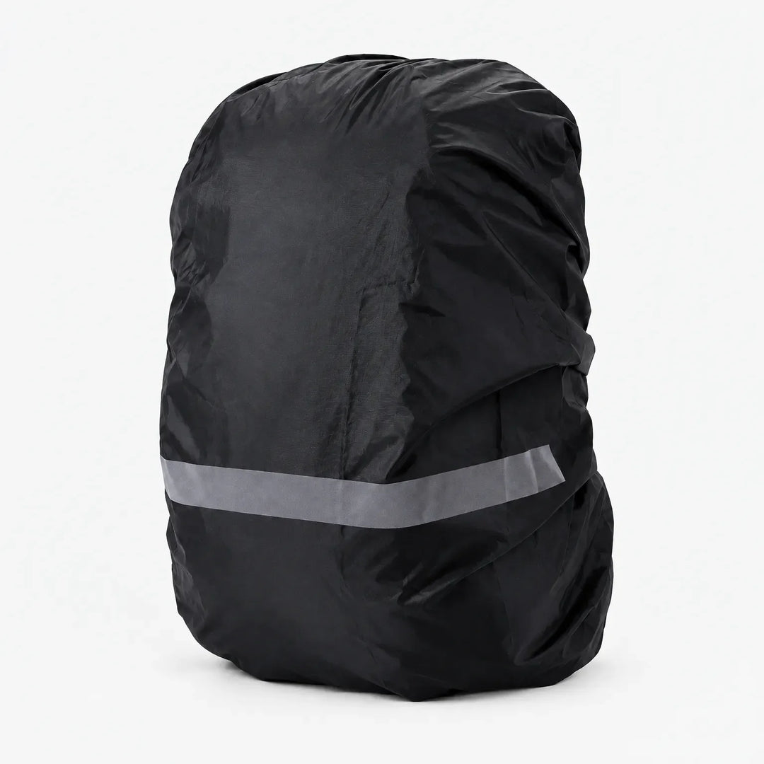 Black rucksack cover shown on a white background, gathered at the top, with a light grey reflective stripe across the lower section. 10