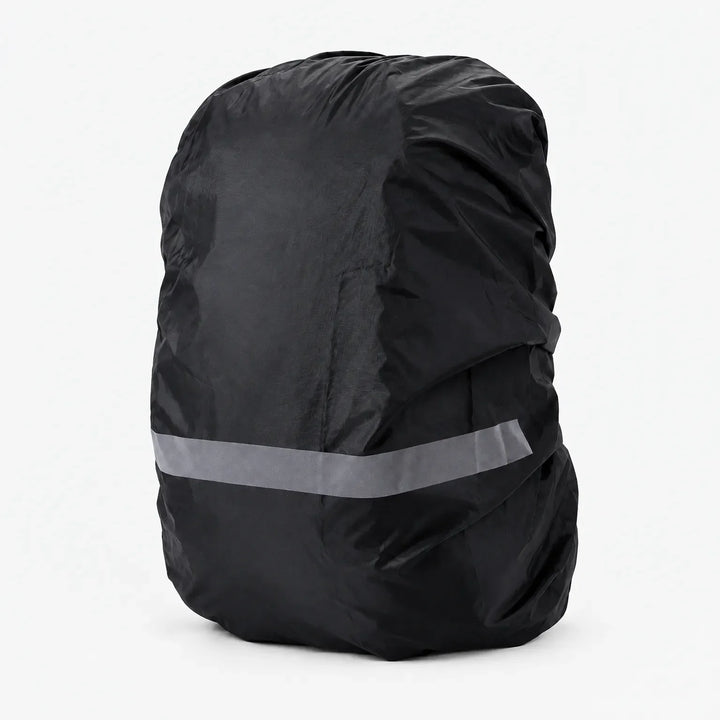 Black rucksack cover shown on a white background, gathered at the top, with a light grey reflective stripe across the lower section. 10