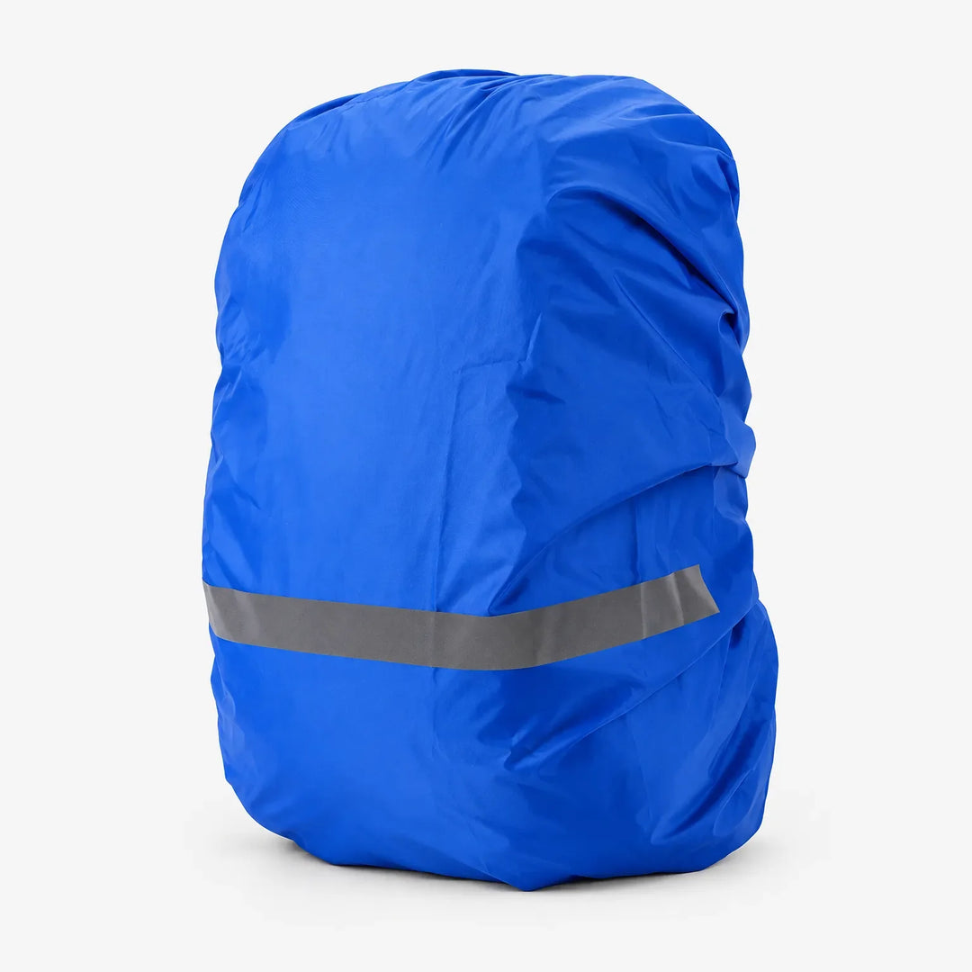 Royal blue rucksack cover pulled over a full pack, shown at an angle on a white background with a grey reflective stripe. 2