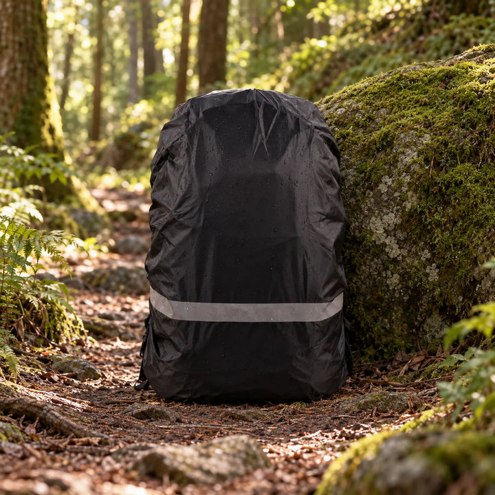 Black rucksack cover dotted with raindrops sits upright on a forest trail beside a mossy boulder, its grey reflective band catching the light. 3