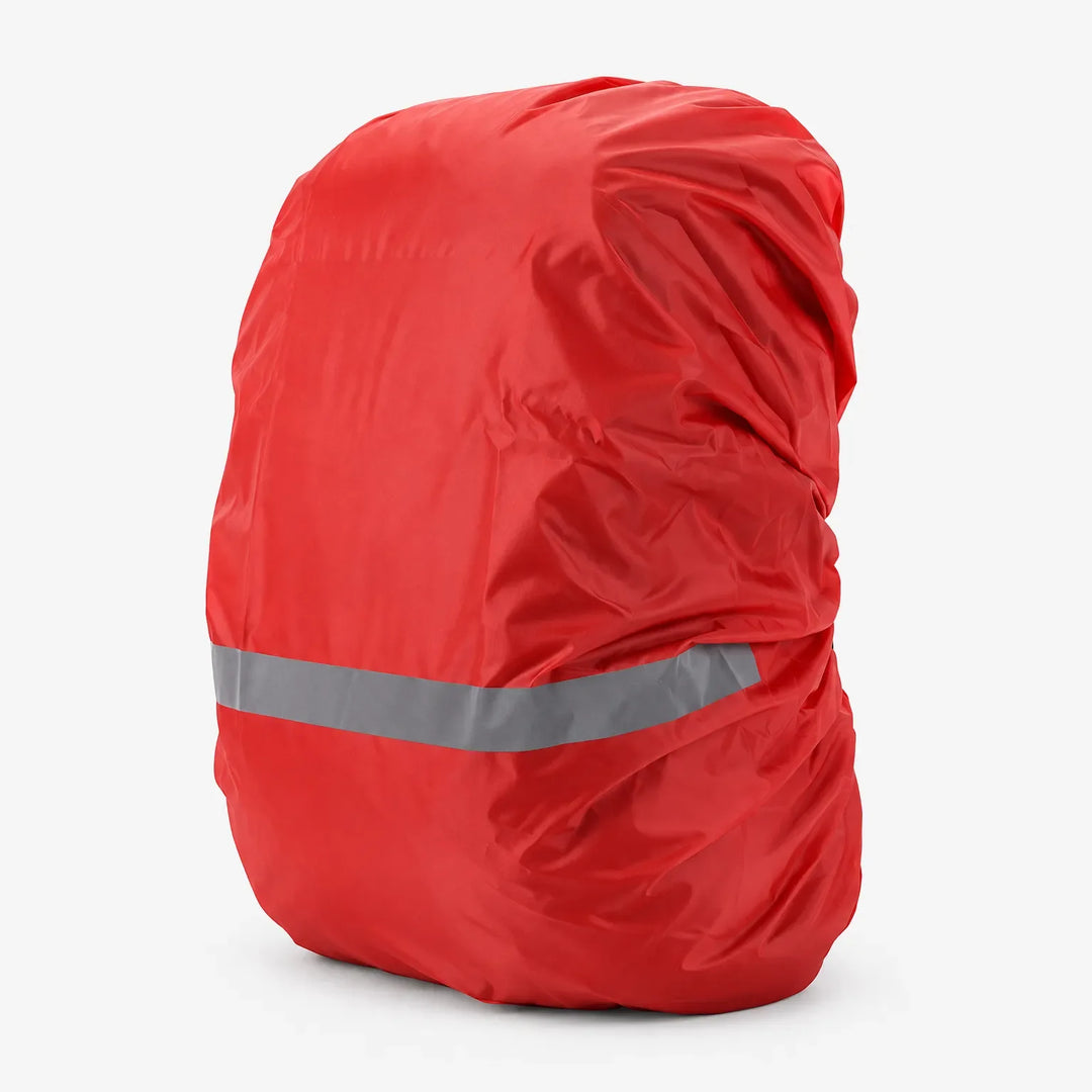 Red rucksack cover stretched over a packed bag, three-quarter view on a white background, with a grey reflective stripe near the base. 4