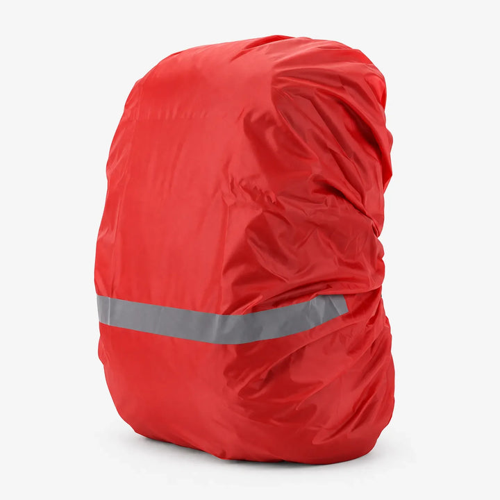 Red rucksack cover stretched over a packed bag, three-quarter view on a white background, with a grey reflective stripe near the base. 4