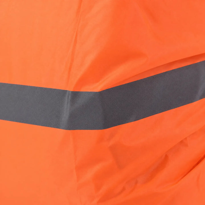 Close-up of a bright orange cover fabric showing the wide grey reflective band running across it and the fine texture of the material. 5