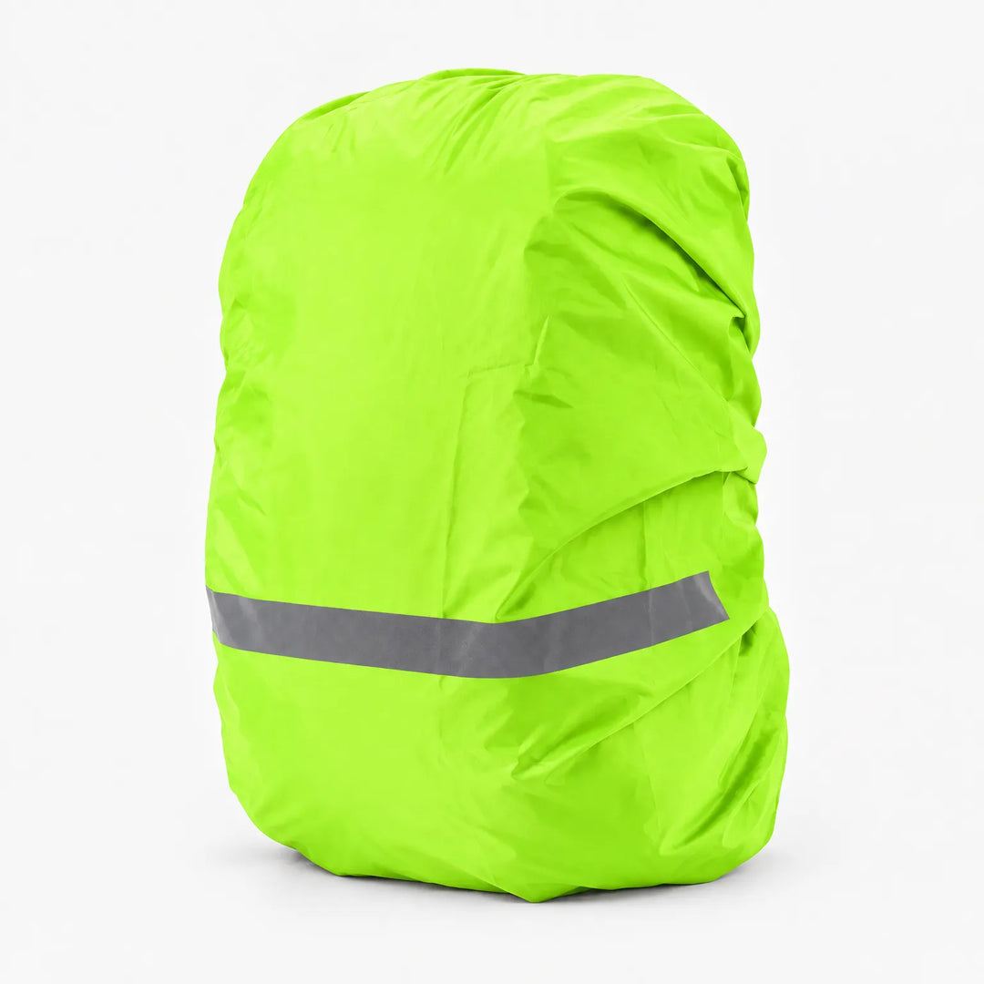 Neon lime green rucksack cover fitted over a pack on a white background, with a grey reflective stripe across the lower section. 6