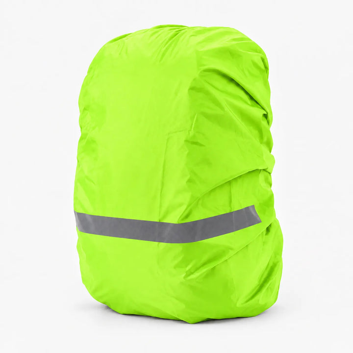 Neon lime green rucksack cover fitted over a pack on a white background, with a grey reflective stripe across the lower section. 6