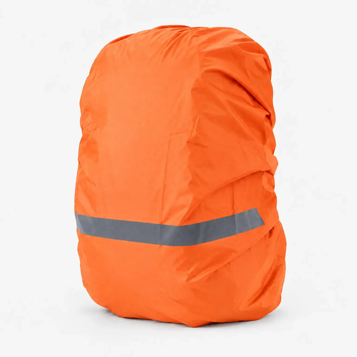 Orange rucksack cover pulled tight over a full pack, shown at an angle on a white background with a grey reflective stripe. 7