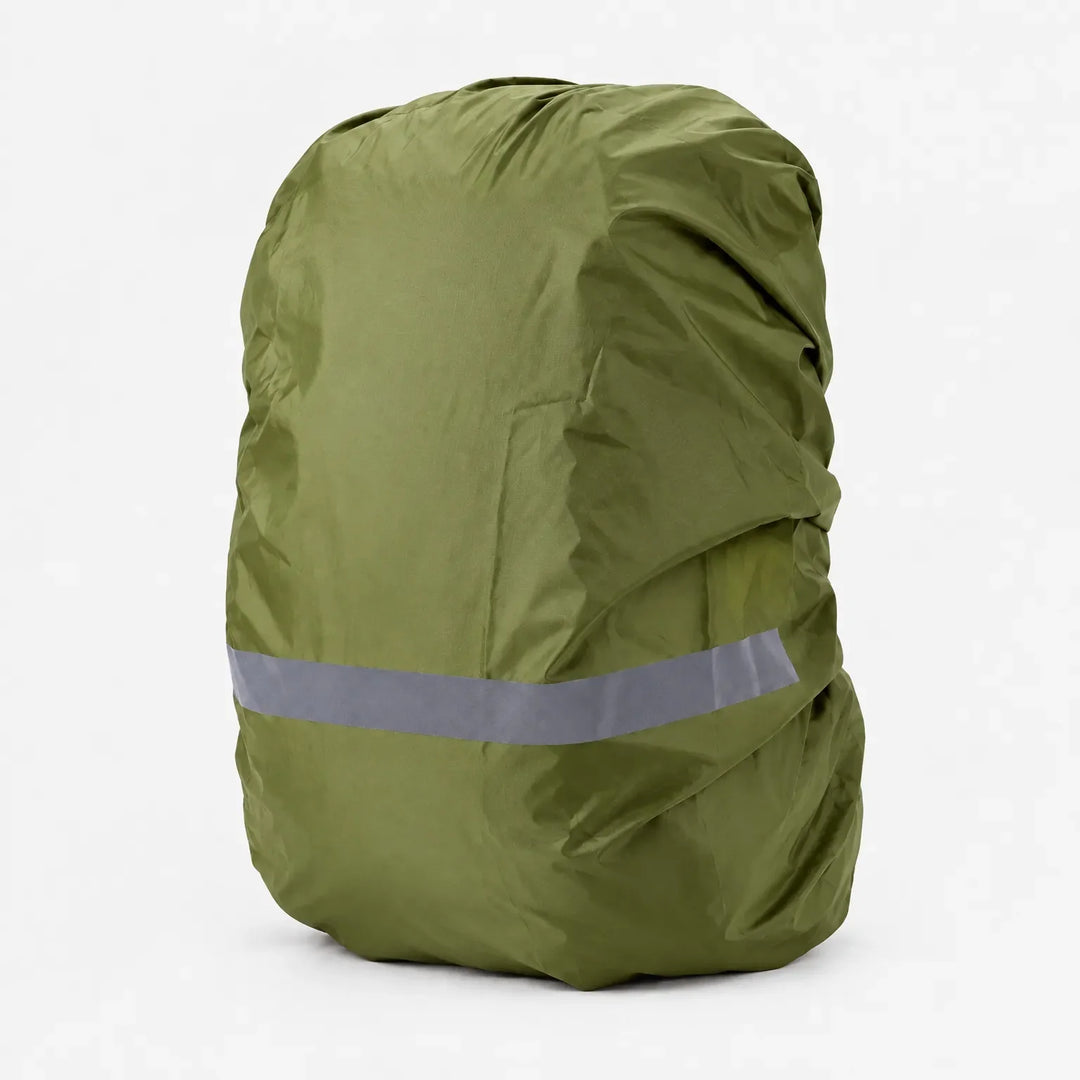 Olive green rucksack cover over a stuffed pack, photographed against white, with a grey reflective stripe across the lower half. 8