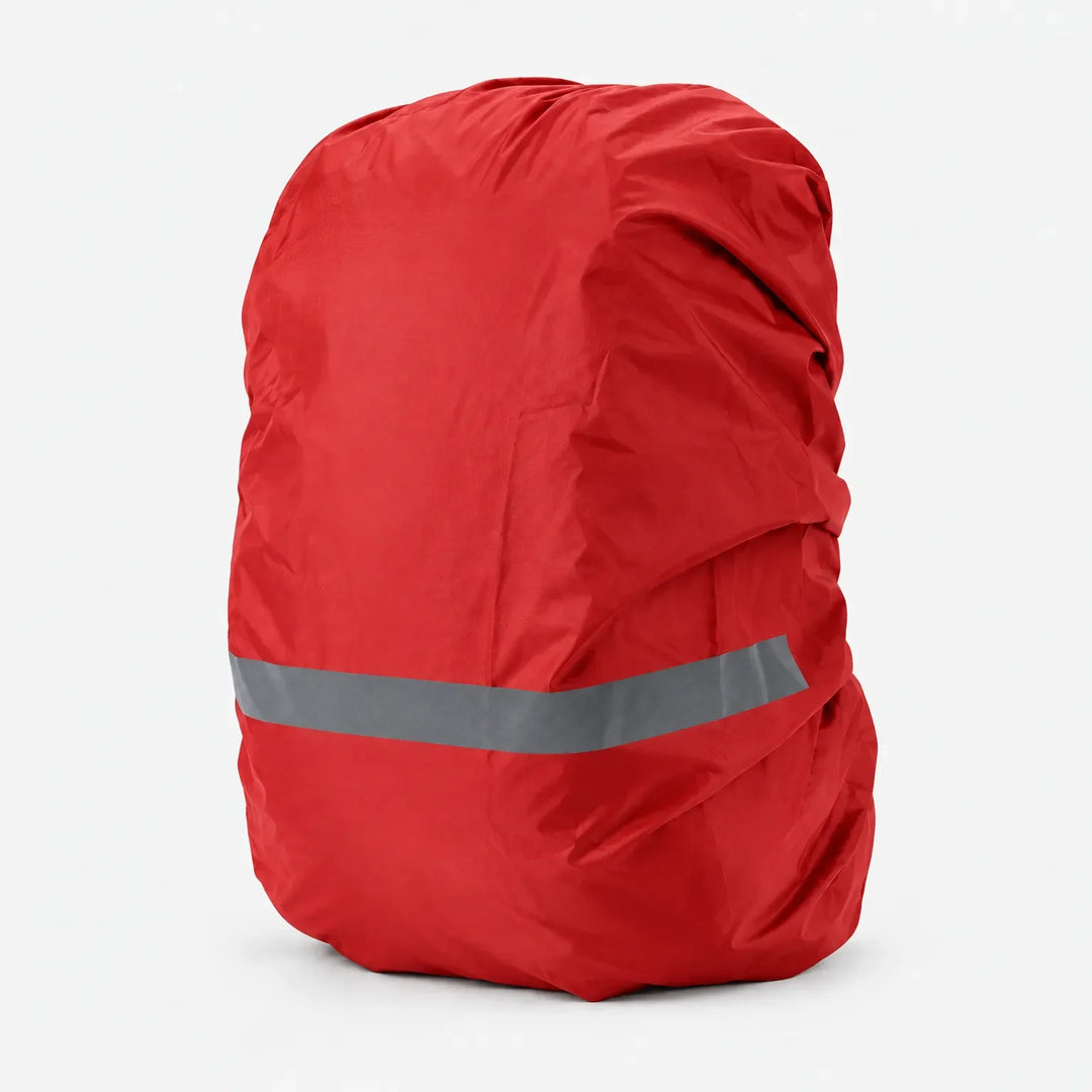 Deep red rucksack cover fitted snugly over a bag, three-quarter view on a white background, with a grey reflective stripe. 9