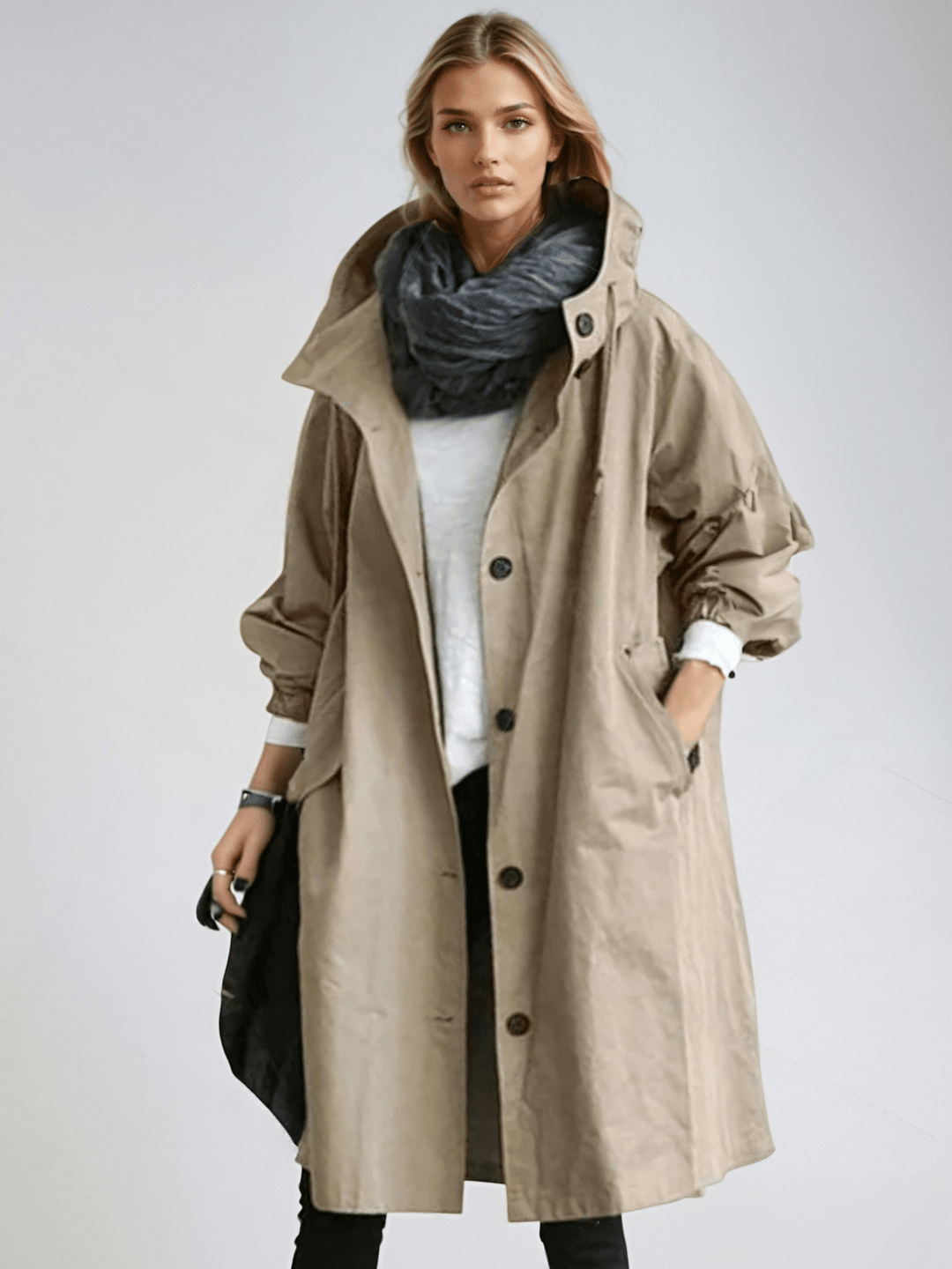 Model in the beige hooded coat, buttoned with a high collar over a white top and charcoal scarf 3