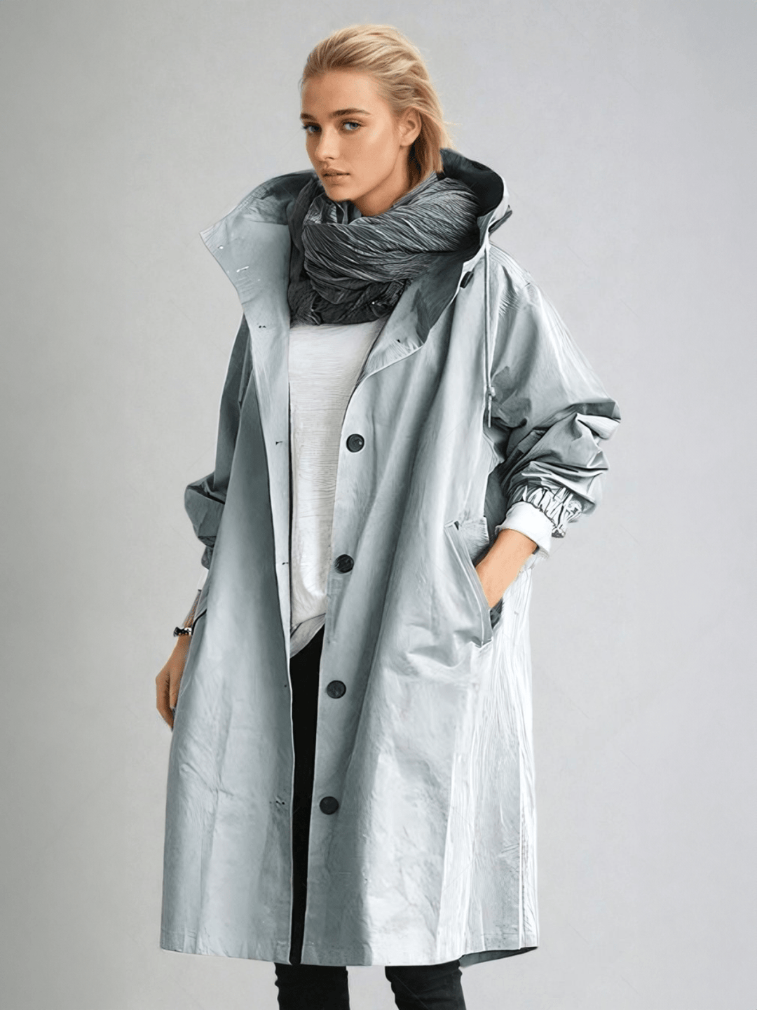 Model in the pale gray-blue hooded coat with a glossy finish, worn open over white with a scarf 5