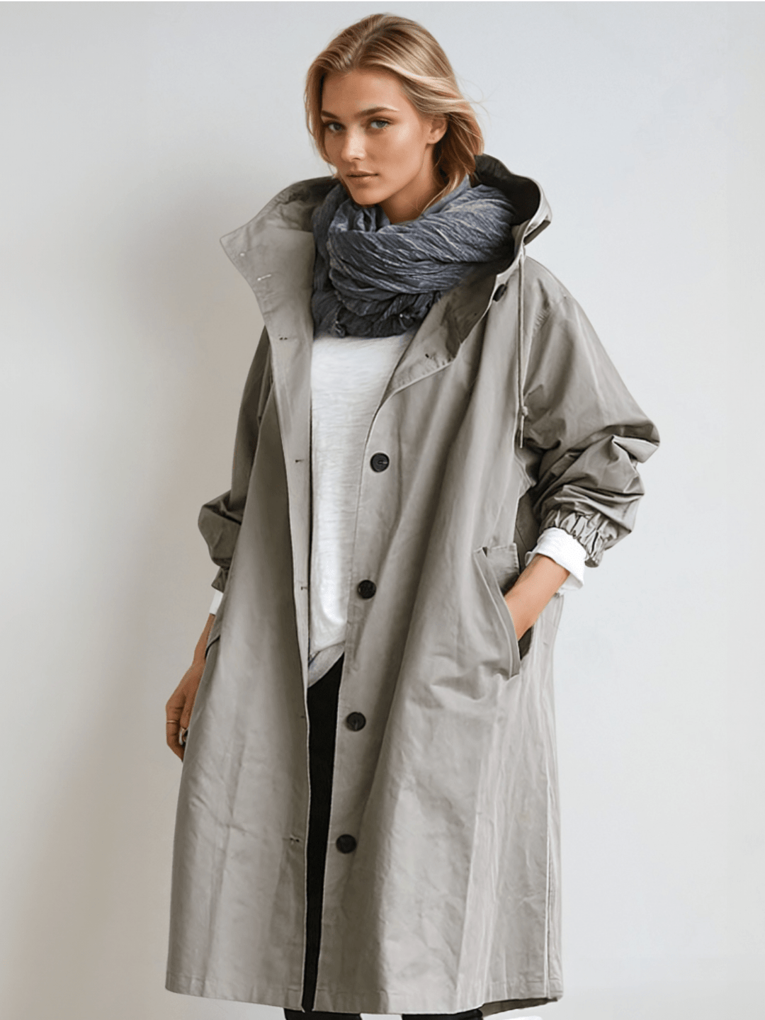 Model in the gray hooded button-front coat, open over a white top and dark scarf, hand in pocket 1
