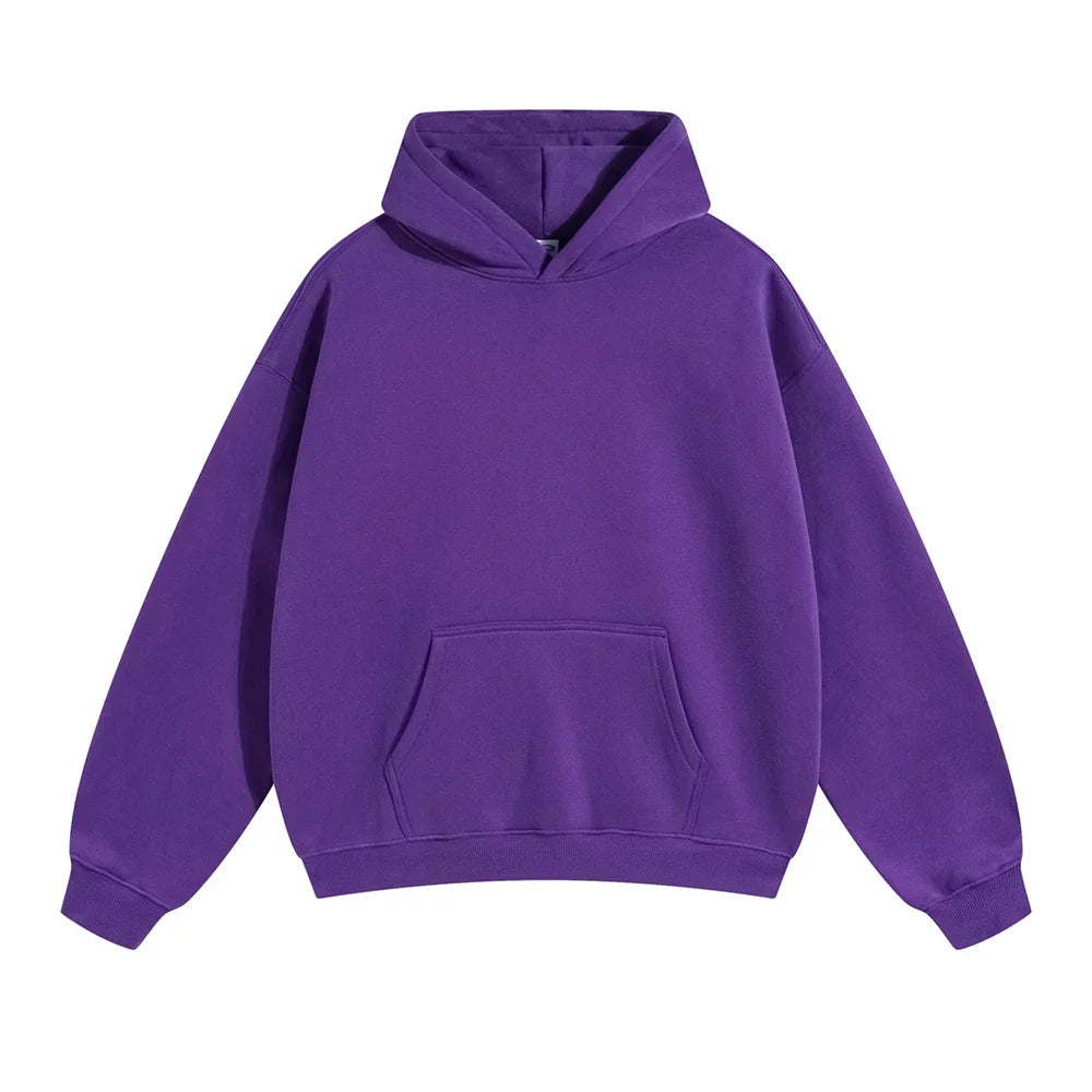 Front view of the hoodie in vivid purple, laid flat, with a kangaroo pocket and relaxed drop-shoulder fit.