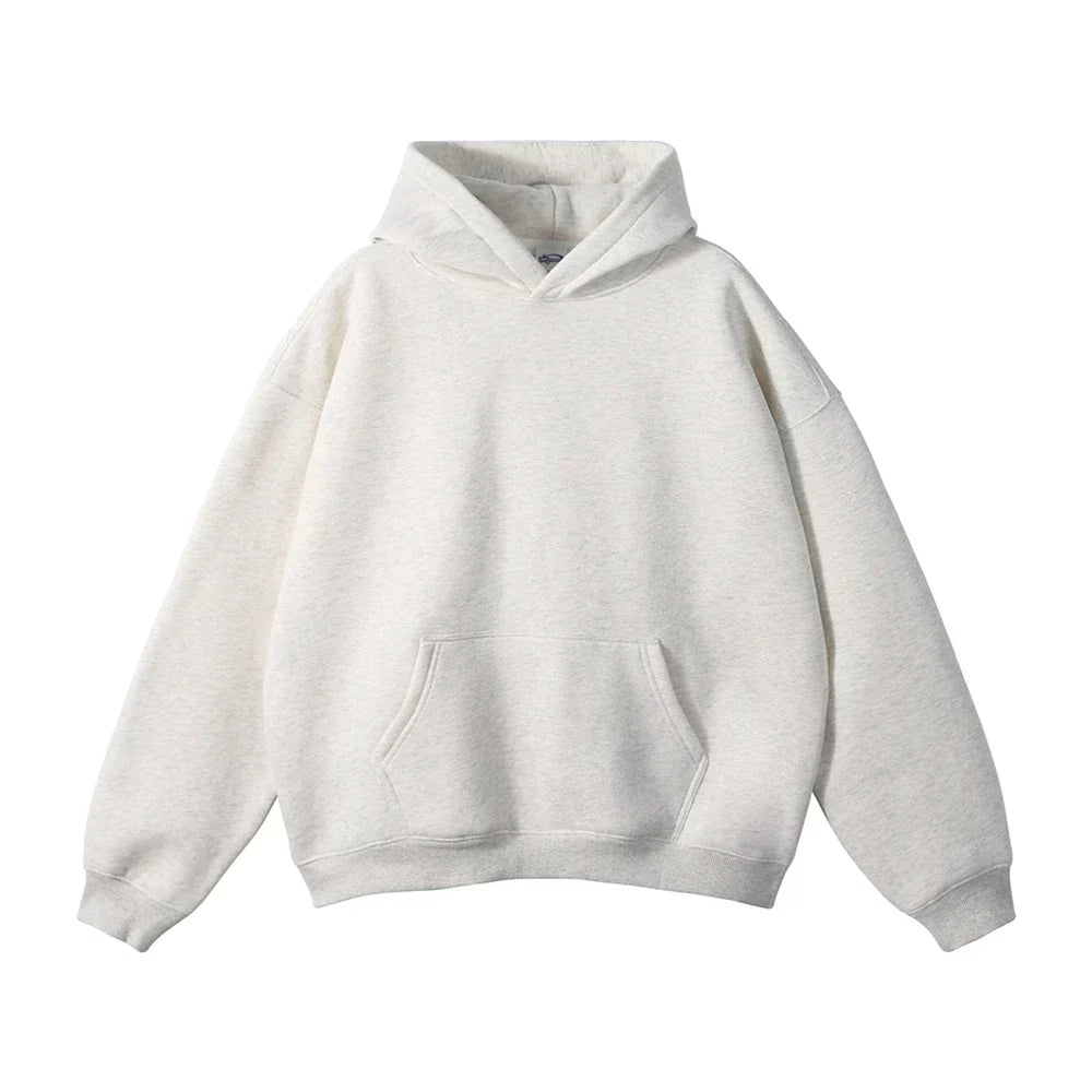 Front view of the hoodie in heathered light gray, laid flat, with a speckled fleece look and kangaroo pocket.