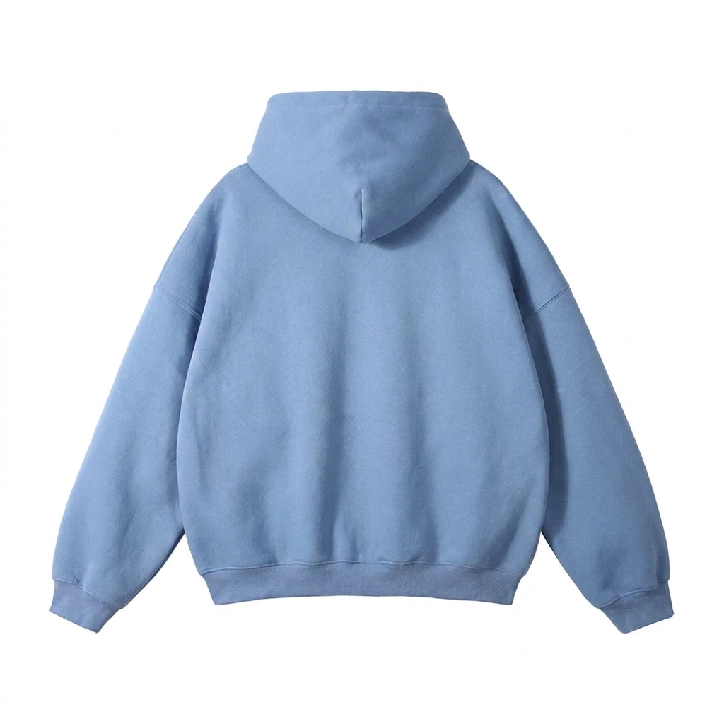 Back view of the hoodie in light blue, showing the plain back, the hood hanging down and the ribbed hem.