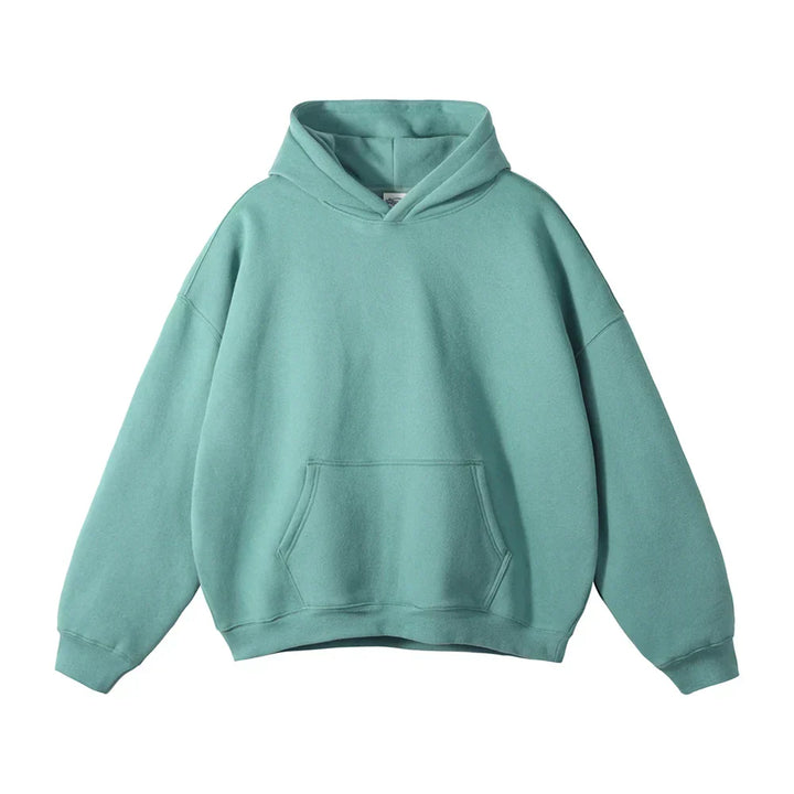 Front view of the hoodie in teal green, laid flat, showing the hood, kangaroo pocket and ribbed cuffs.