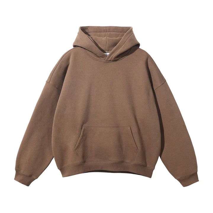 Front view of the hoodie in warm tan brown, laid flat, with a slouchy hood and kangaroo pocket.