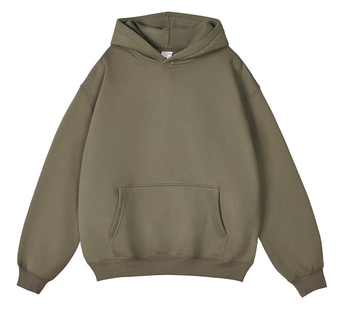 Front view of the hoodie in olive green, laid flat, with a roomy kangaroo pocket and ribbed hem.