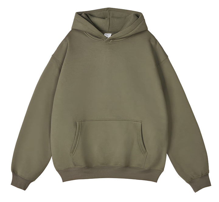 Front view of the hoodie in olive green, laid flat, with a roomy kangaroo pocket and ribbed hem.