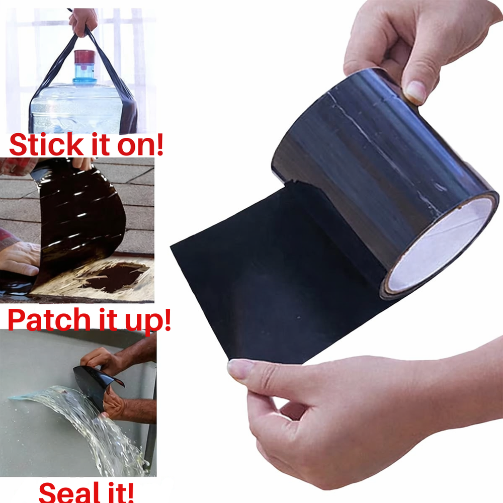 Black repair tape roll held in both hands, with small examples of a water jug, a roof and a leak.