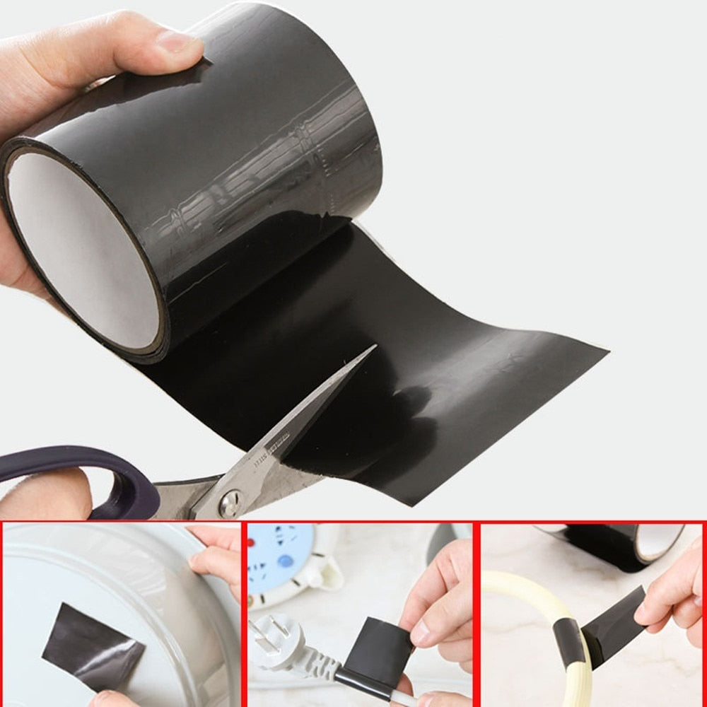 Black repair tape roll with hands cutting a length, showing patch examples on a pot, a cord and a handle.