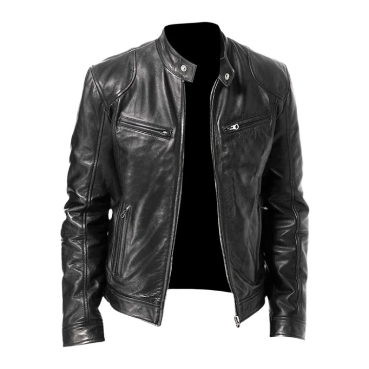 Black version of the leather jacket with snap-tab stand collar and zippered chest pockets, front view, open over a black shirt. 2