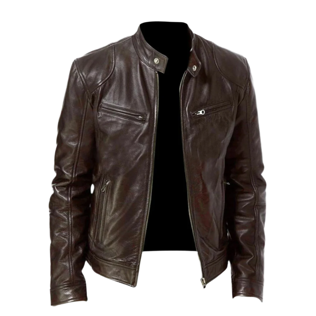 Dark brown leather jacket with stand collar and zipper pockets, shown unzipped from the front on a white background. 1