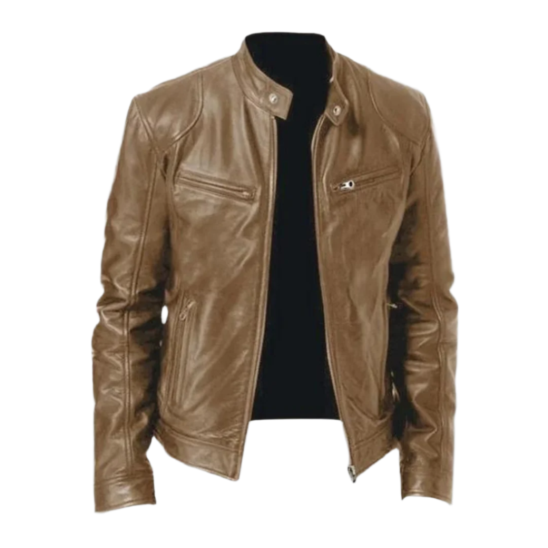 Tan brown version of the leather jacket, front view, unzipped, showing the stand collar, zippered chest pockets and slanted hand pockets. 3