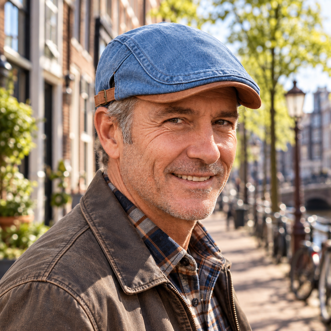 Men's blue denim flat cap worn by a man on a sunny canal-side street.