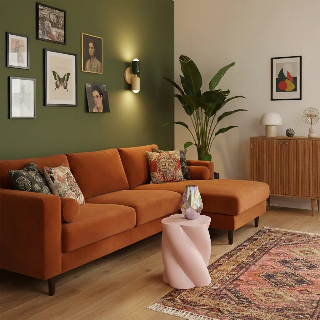 Retro wall lamp in cream and dark green above an orange sectional sofa