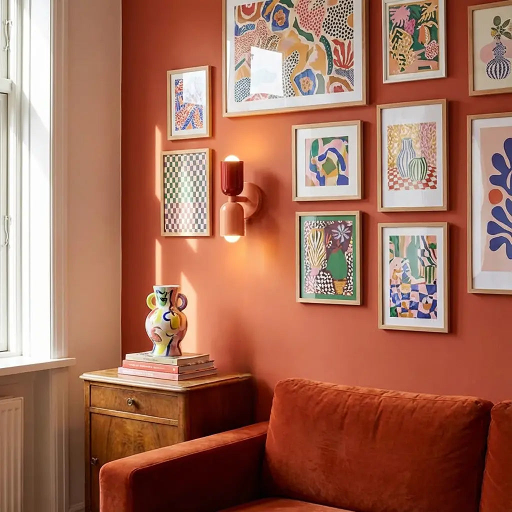 Retro wall lamp in red and peach on an orange wall