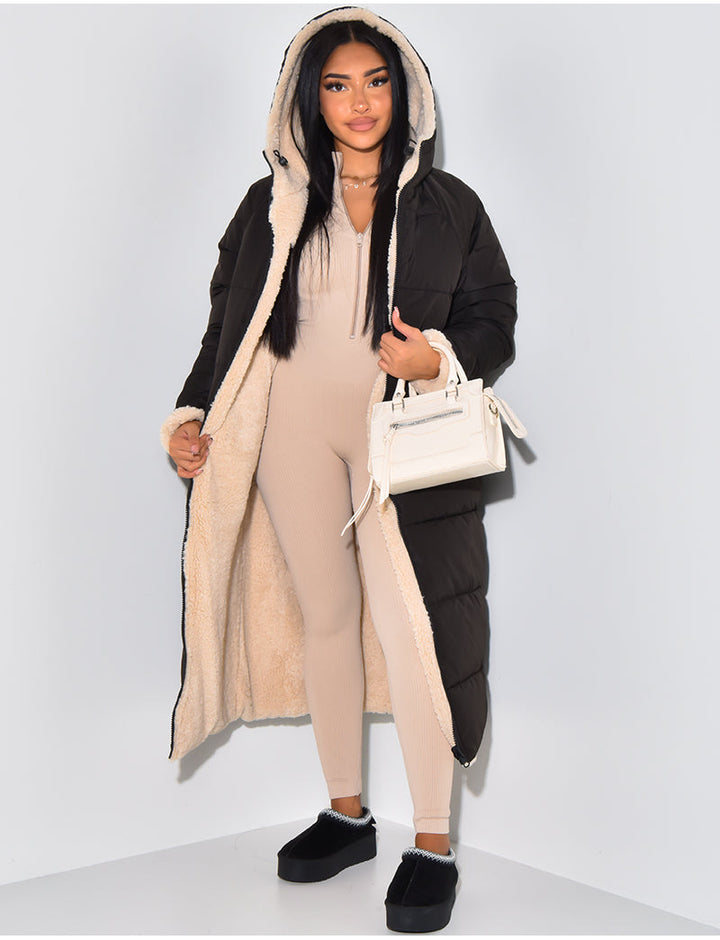Women's reversible hooded long puffer coat, black quilted side open with cream fleece lining