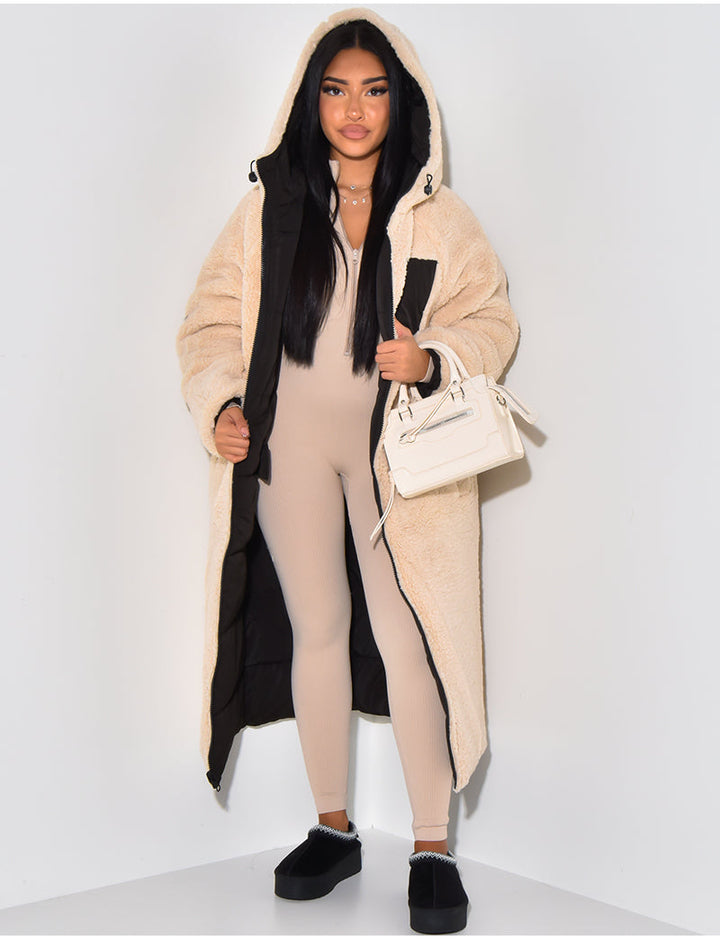 Women's reversible hooded long puffer coat, cream fleece side open with black quilted lining