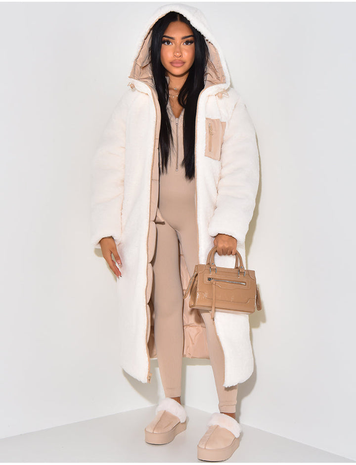 Women's reversible hooded long puffer coat, cream faux fur side with a small zip pocket