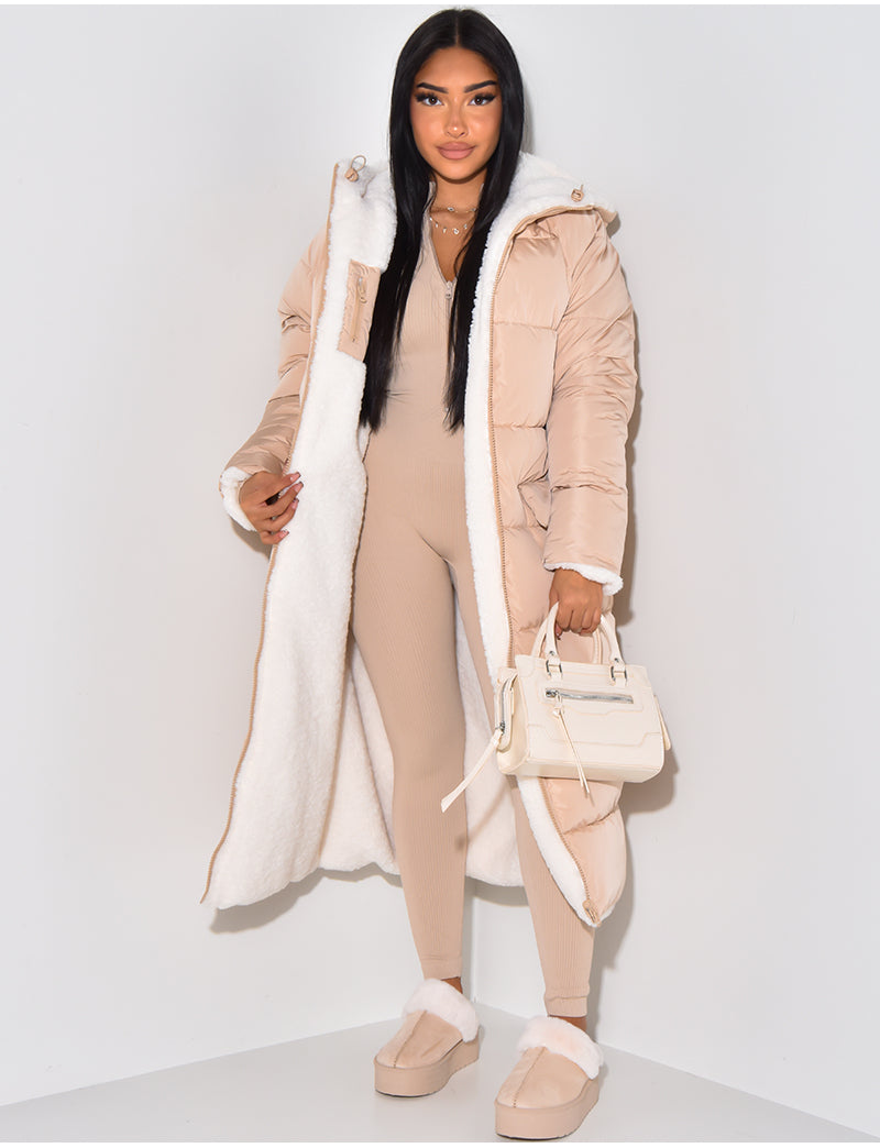 Women's reversible hooded long puffer coat, beige puffer side open with white fleece lining