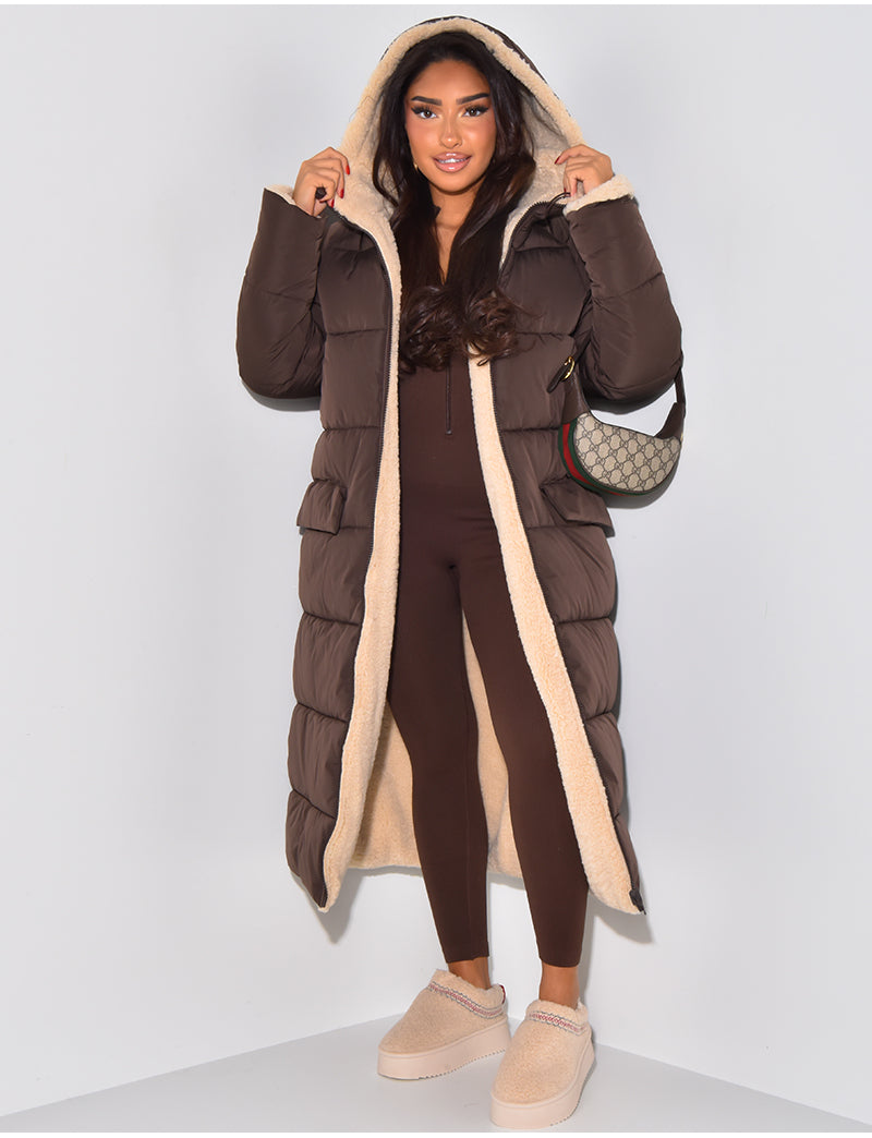 Women's reversible hooded long puffer coat, brown side with hood up and front open