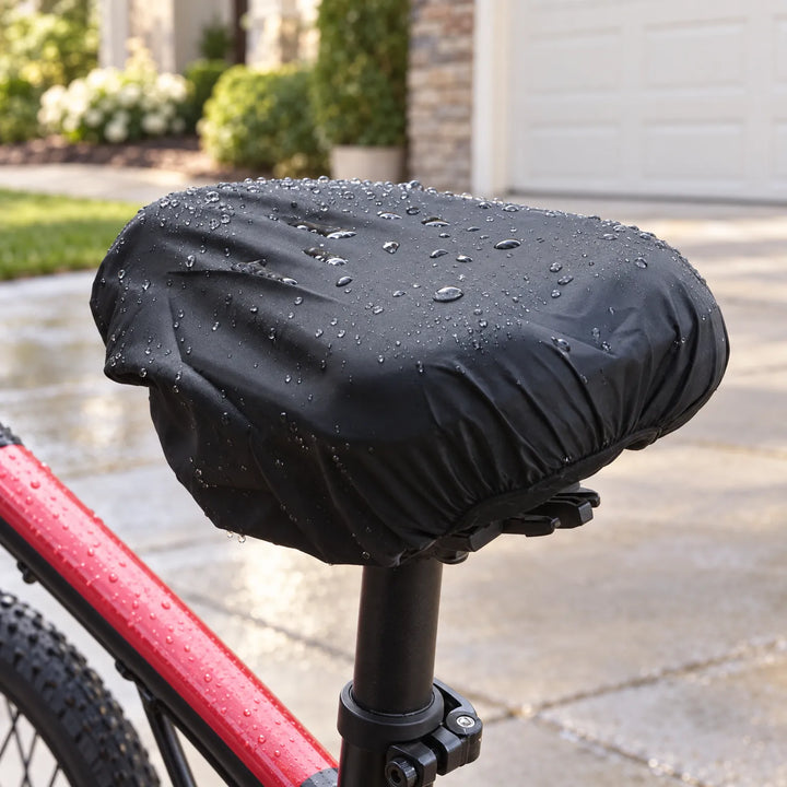 Black saddle cover beaded with water droplets on a red-framed bike parked in a driveway after rain. 1