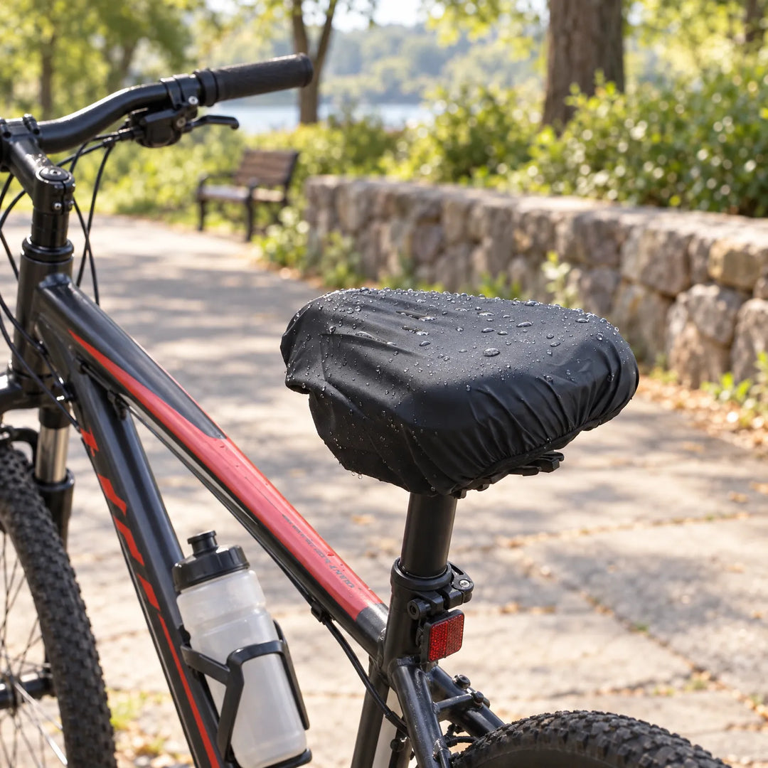Black cover with water drops on a mountain bike saddle, parked on a sunlit park path beside a stone wall. 3