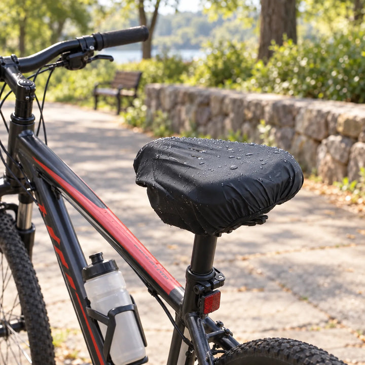 Black cover with water drops on a mountain bike saddle, parked on a sunlit park path beside a stone wall. 3