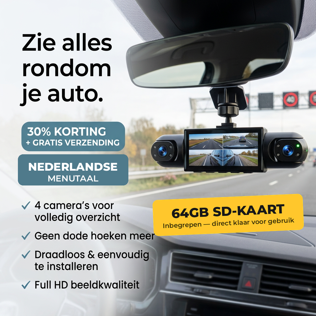360° dashcam with split-screen display and included memory card badge.