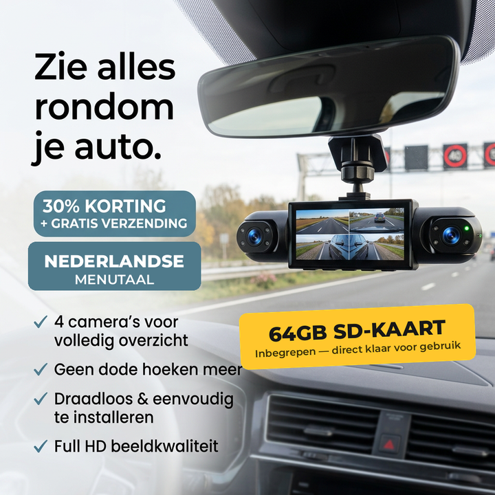 360° dashcam with split-screen display and included memory card badge.