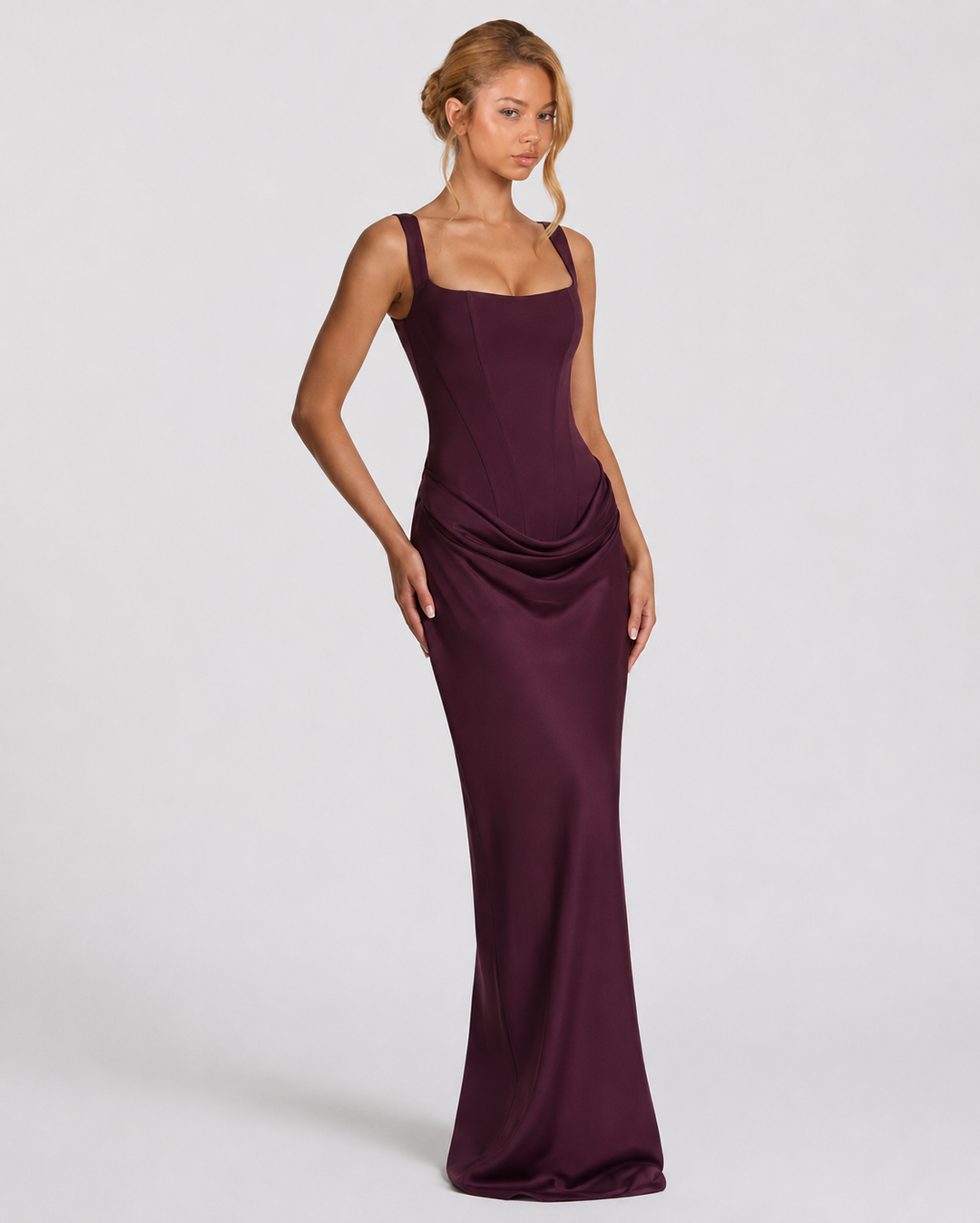 Plum maxi dress another view with a glossy drape and fitted long skirt.