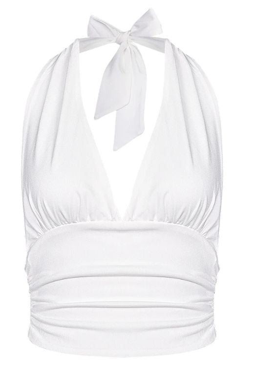 Ruched Deep V-Neck Halter Neck Top - Camille