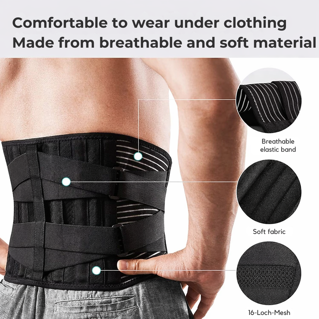 Shirtless man wearing the black lumbar support belt.